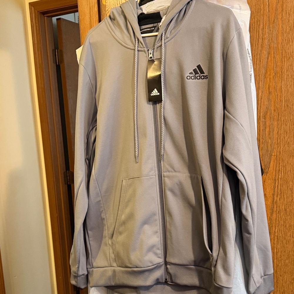 adidas Light Gray Full-Zip Hoodie with Hood